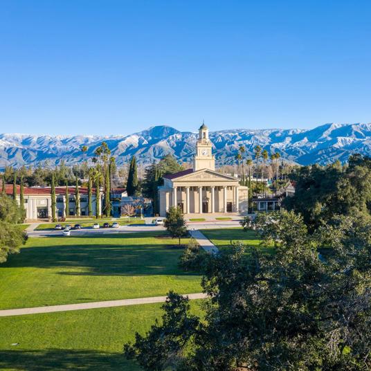 Horizontal tab card - Memorial chapel view of Redlands main campus