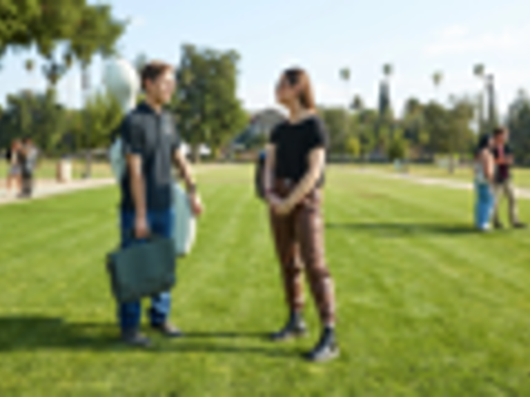 Groups of CSMA Redlands students talking to each other on the university quad.